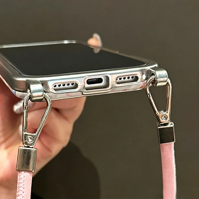 Pink Floral Faux Leather Texture Card Holder Phone Case with Crossbody Lanyard for iPhone 16, 15, 14, 13, 12, 11 Pro Max