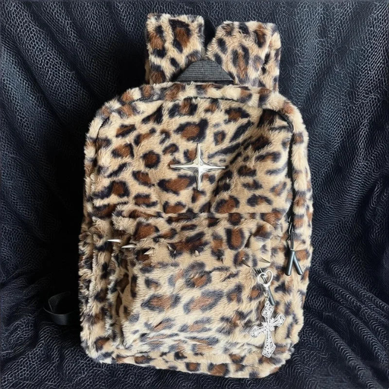 Fur large-capacity Leopard Backpack Stylish Autumn Winter Shoulder Bag for Girl Cute and Cool Designed Backpack