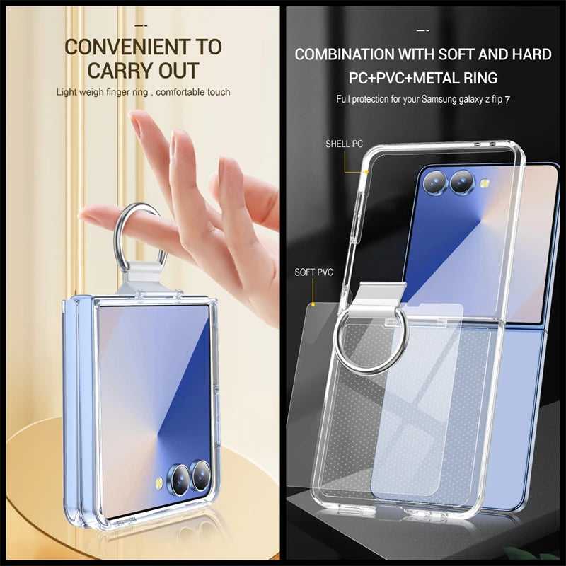 Shockproof Armor With Ring Holder Phone Case For Galaxy Z Flip 7 6 5 4 3 For Samsung Z Flip7 ZFlip7 flip6 5G Hard PC Back Cover