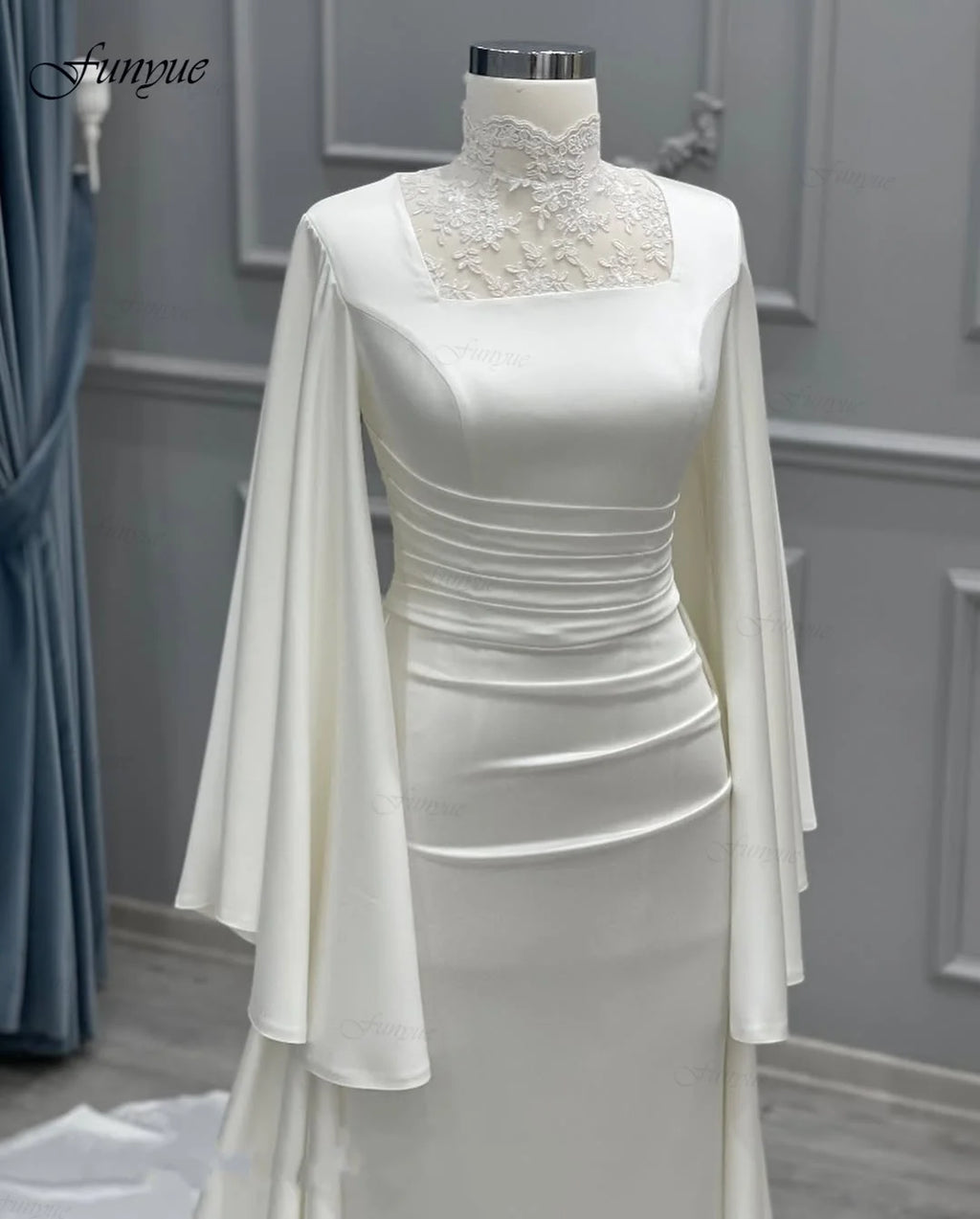 Funyue Customized Silk Satin Muslim Wedding Dresses for Women 2026 Bride Court Train Long Sleeves Ivory Bridal Gowns Mermaid New