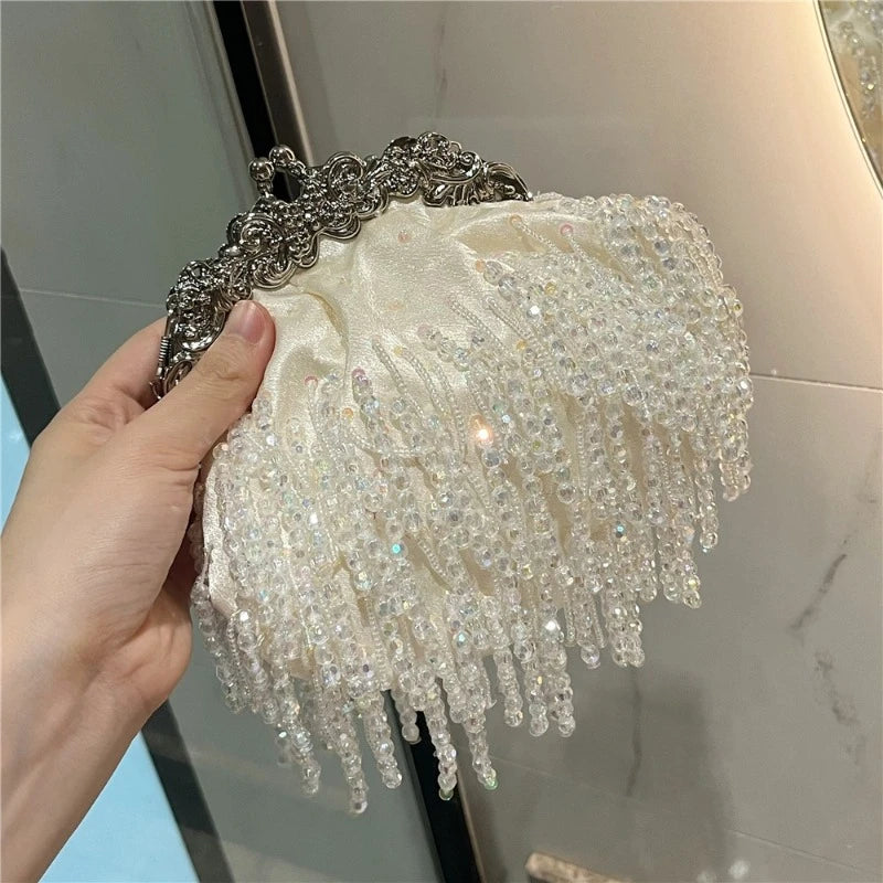 Elegant Bride Bags Vintage Tassel Silk Satin Beading Embroidered Handbag Luxury White Evening Bag Sac A Main Femme Retro Purses