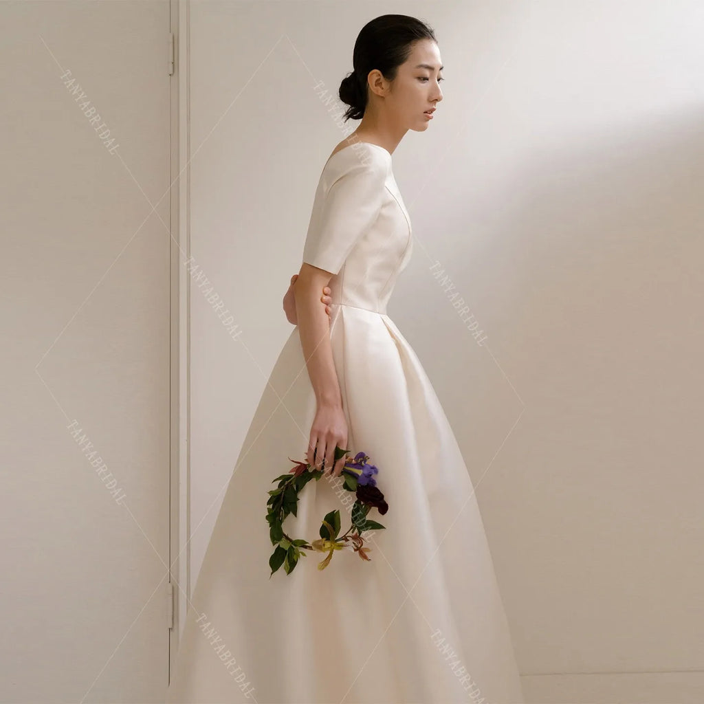 Elegant Mikado Satin Wedding Dress Short Sleeves Floor Length Simple Bridal Photoshoot Dress A Line Bridal Gown Custom Made