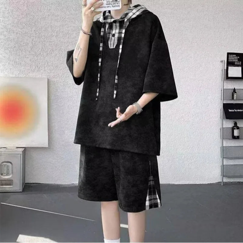 M-8XL Plus Size Men's Clothing Short Sleeved Hooded T-shirt+shorts Pants Sports Set Harajuku, Japan Fashion Casual Two Piece Set