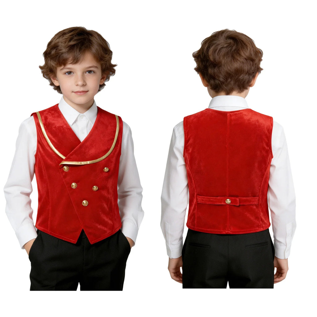 Kids Boys Medieval Velvet Vest Metallic Lapel Collar Sleeveless Victorian Waistcoat for Halloween Prince Dress Up Theme Party