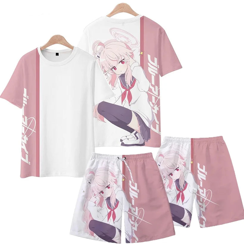 Men's Suits Anime Blue Archive Takanashi Hoshino 3D Print T-Shirts Shorts 2-Piece Sets Tracksuits Oversized Outfits Man Clothing