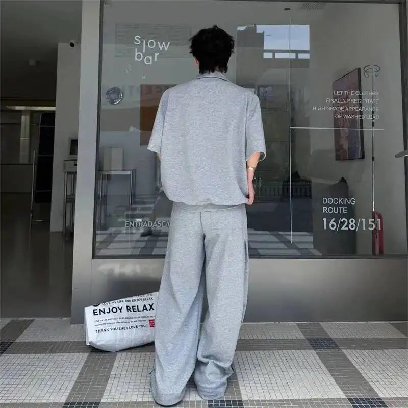 Grey New Summer Men's Two Pieces Set Turn Down Collar Fake Short Sleeve Sweatshirt And Casual Wide Leg Long Pants GPBW