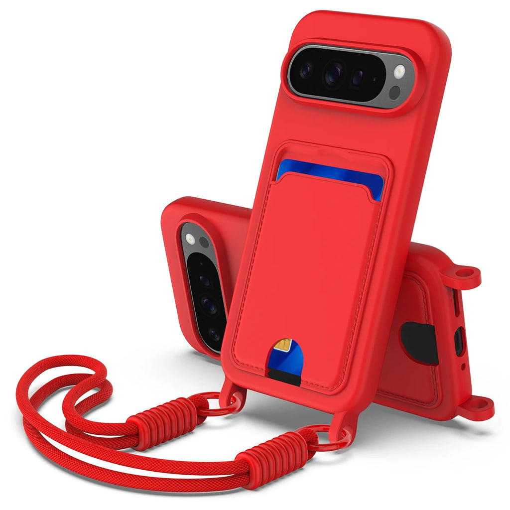 Premium Lanyard Rope Soft Liquid Silicone Phone Case For Google Pixel 10 9 Pro XL ShockProof Wallet Card Holder Protective Cover