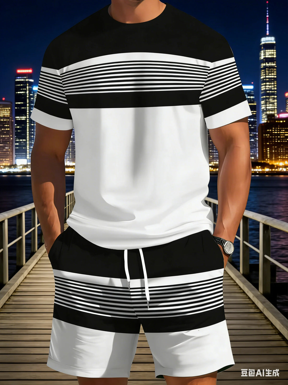 New Summer Men's Sportswear Striped Short-Sleeve T-Shirt Set Two-Piece Outdoor Travel Apparel Relaxed-Fit Shorts Training Wear
