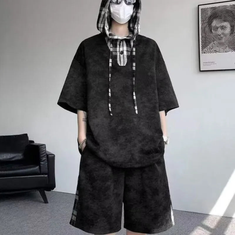 M-8XL Plus Size Men's Clothing Short Sleeved Hooded T-shirt+shorts Pants Sports Set Harajuku, Japan Fashion Casual Two Piece Set