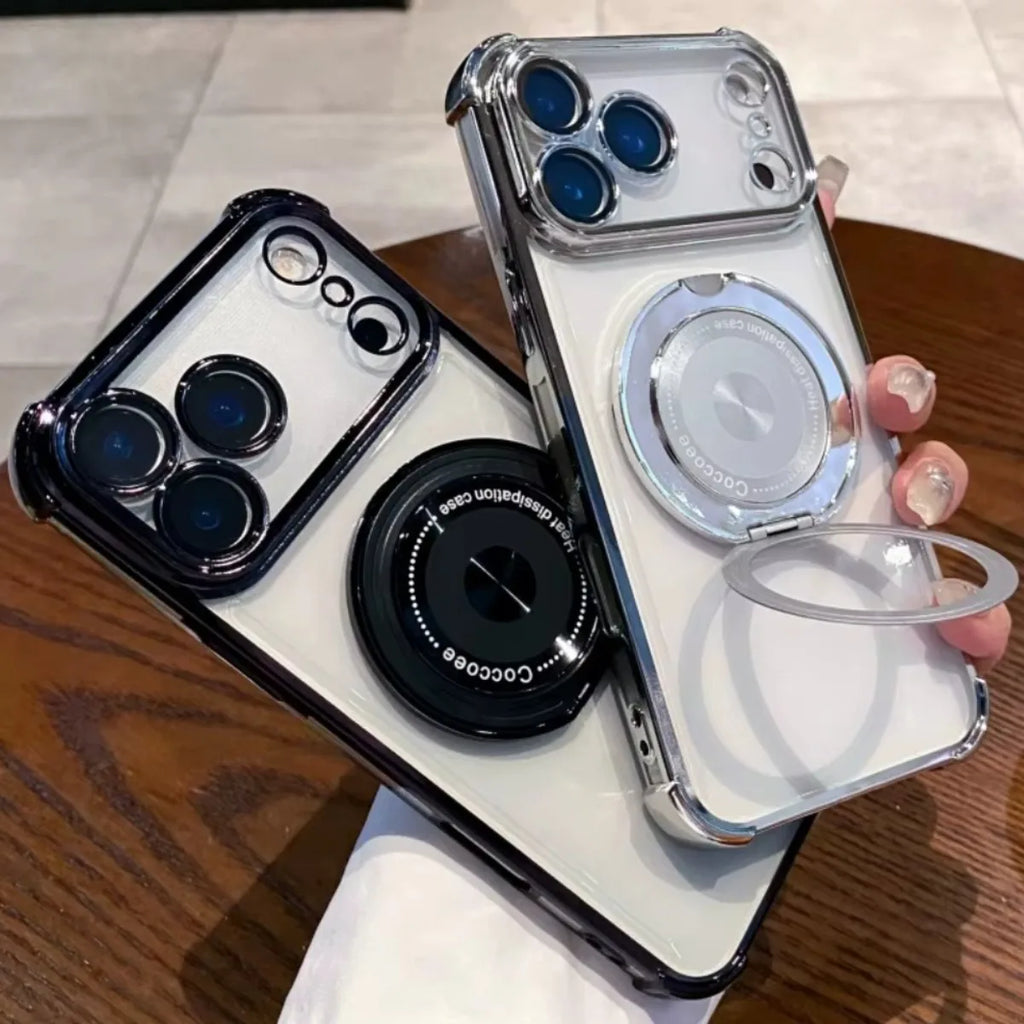 Clear Magnetic Phone Case With 360° Rotating Holder & Lens Protective Film For iPhone 17 Air 16E 15 14 13 12 11 Plus Pro Max