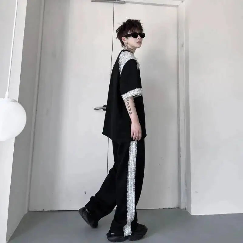 Summer Two Men's Pieces Set Tweed Patchwork Design Short Sleeve T-Shirt And Loose Wide Leg Long Pants Casual Sets OF7V