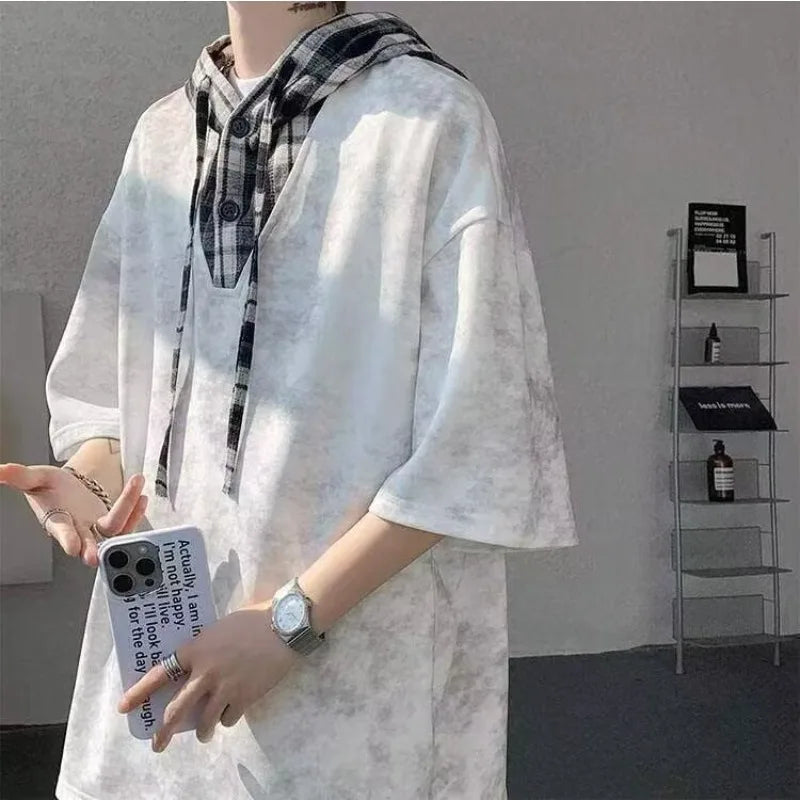 M-8XL Plus Size Men's Clothing Short Sleeved Hooded T-shirt+shorts Pants Sports Set Harajuku, Japan Fashion Casual Two Piece Set