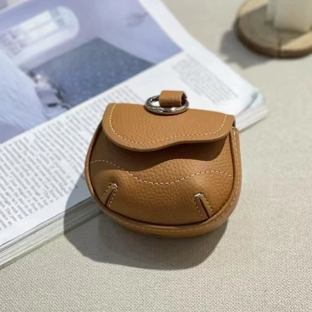 Universal Model Luxury Earphone Bag Fancy Lovely Real Leather Bluetooth Earbuds Case Holder With Keyring Small Item Storage Bag