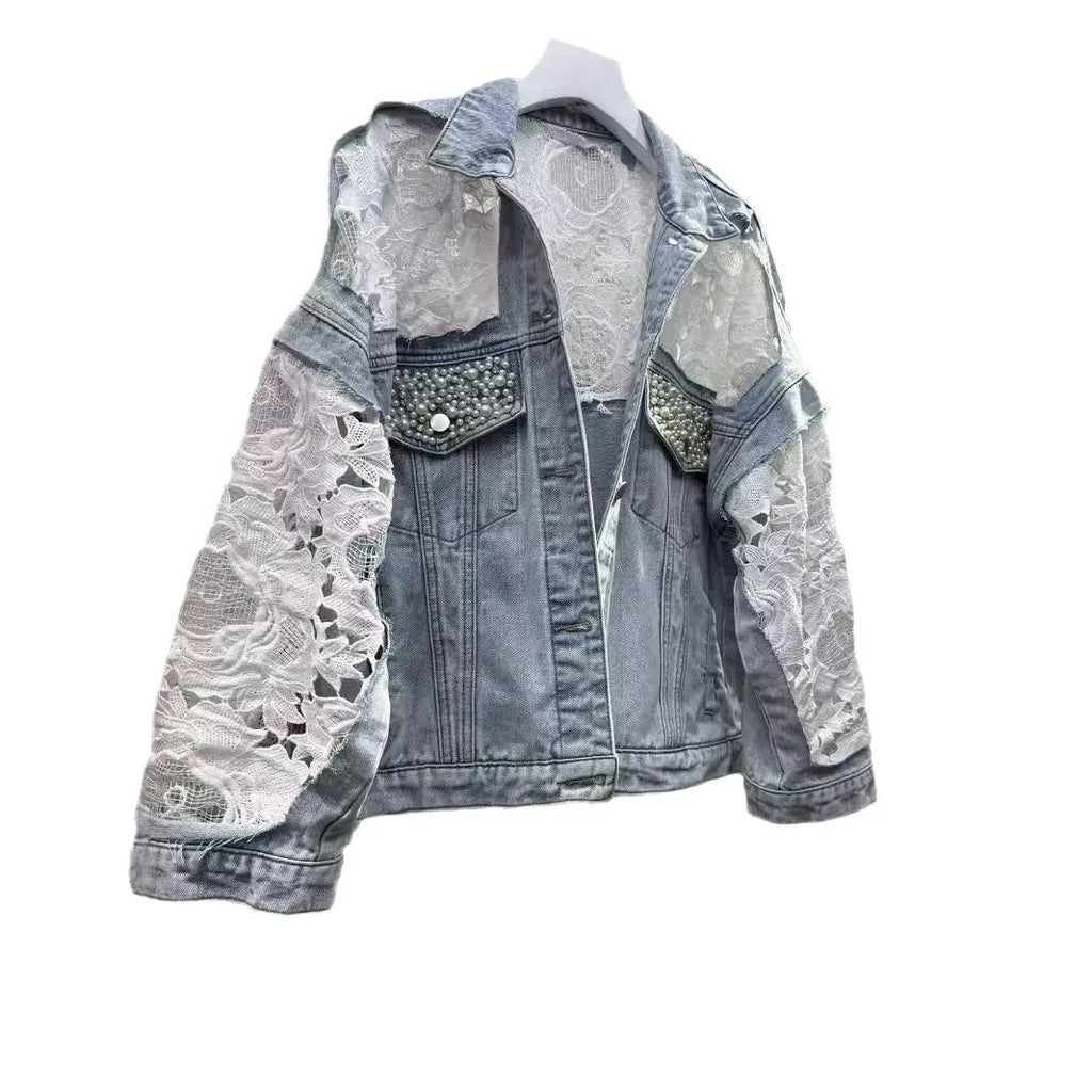 Spliced Embroidery Jacket Women Turn Down Collar Pearls Washed Denim Coats Single Breasted Loose Outerwear Basics Cardigan