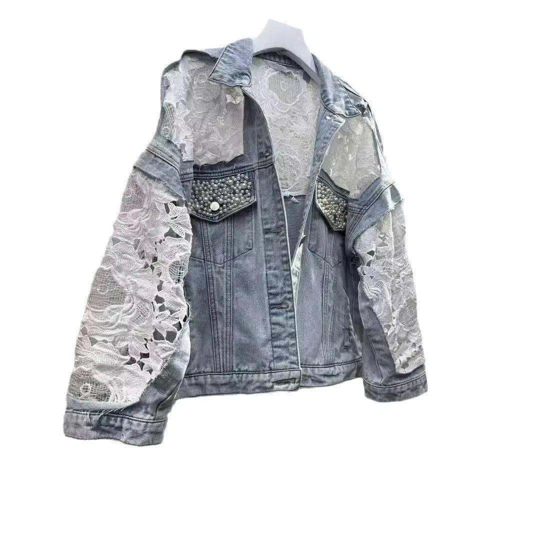 Spliced Embroidery Jacket Women Turn Down Collar Pearls Washed Denim Coats Single Breasted Loose Outerwear Basics Cardigan