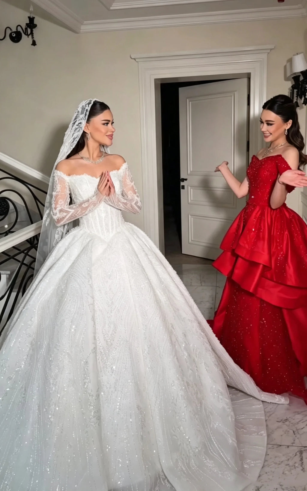 Off Shoulder Sweetheart Phantom Long Sleeve Princess Wedding Dress Lace Beaded Ball Dress Luxury Bride Dress Customized