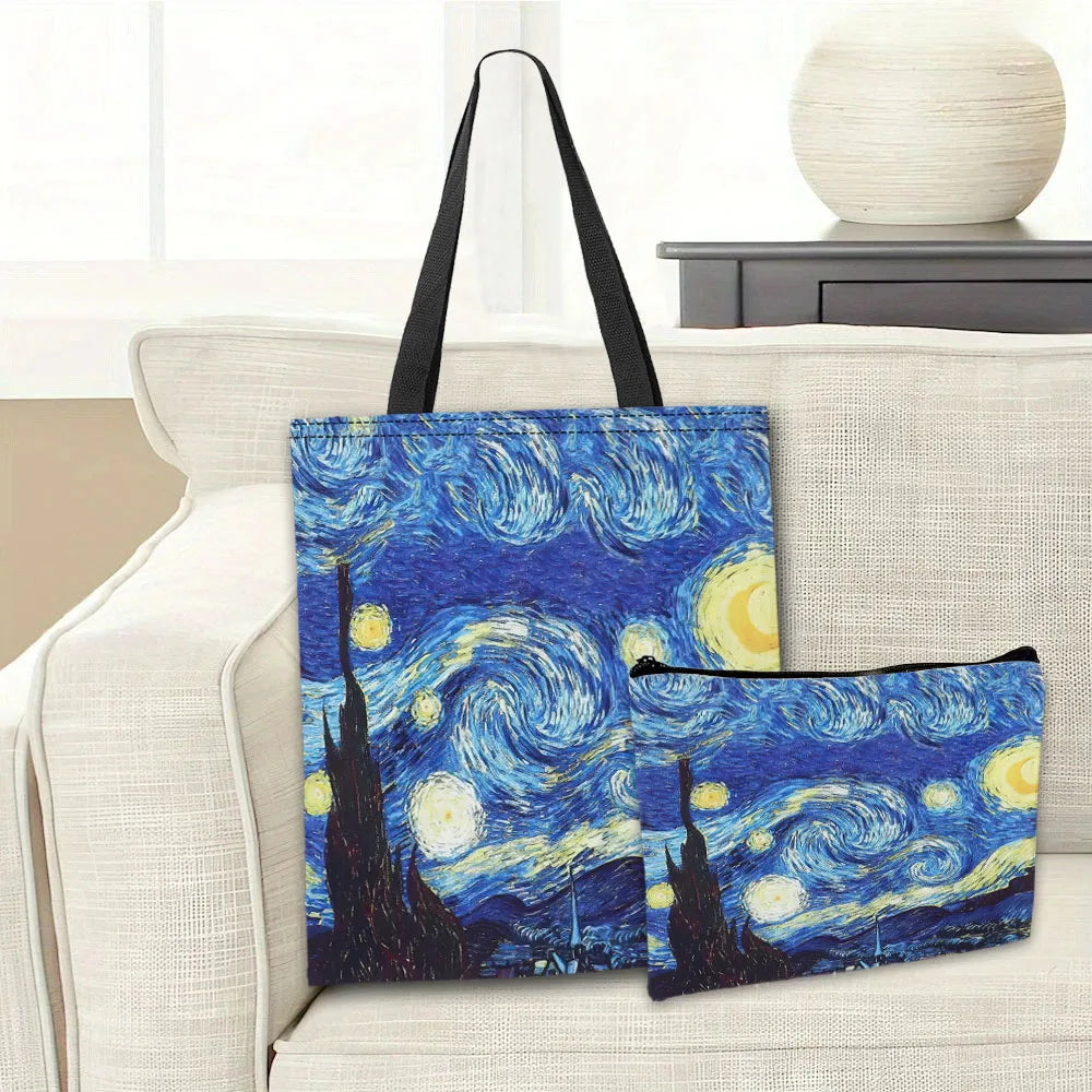 Van Gogh Series Tote Bag Cosmetic Pouch Oil Painting Starry Night Sunflower Travel Handbag Practical Combination Shopping Bags