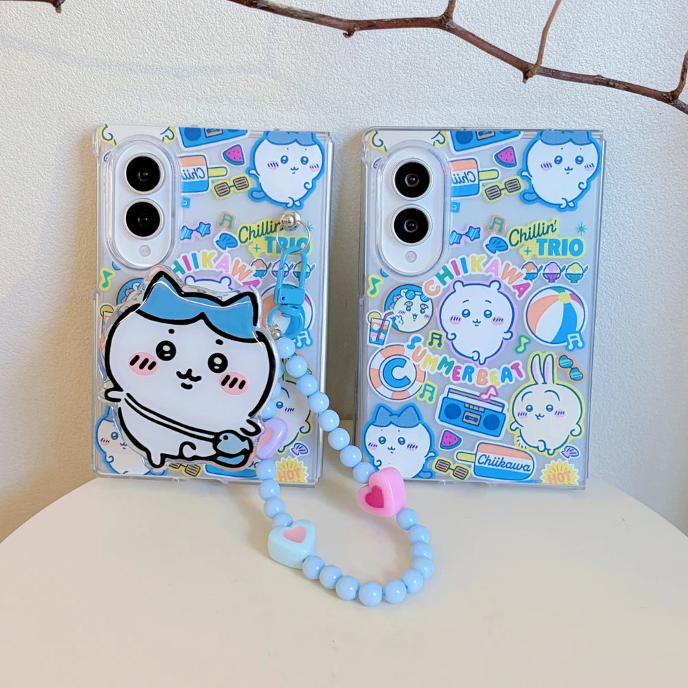 Cute Cartoon Japan Anime Chiikawa Usagi Hachiware Stand Holder Phone Case For Samsung Galaxy Z Fold 8 7 6 5 Case With lanyard