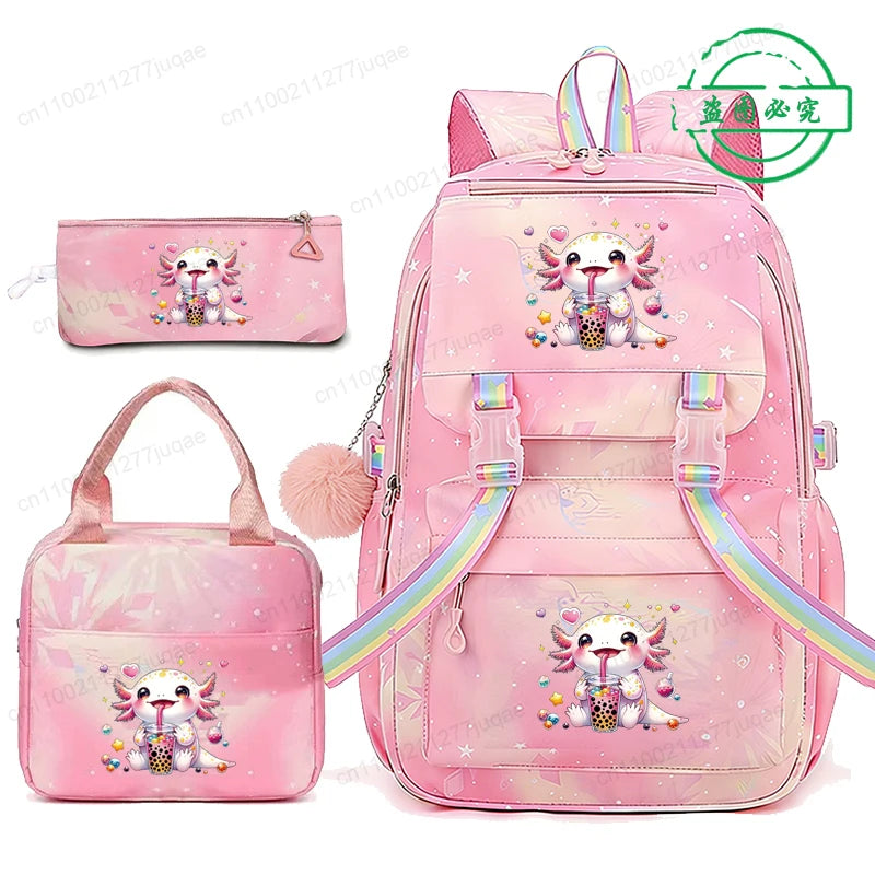 Axolotl Boba Tea Anime Backpack School Bag Girl Back Pack for Kids Teenager Female Schoolbag Kawaii Anime Bagpack Teen Bookbag
