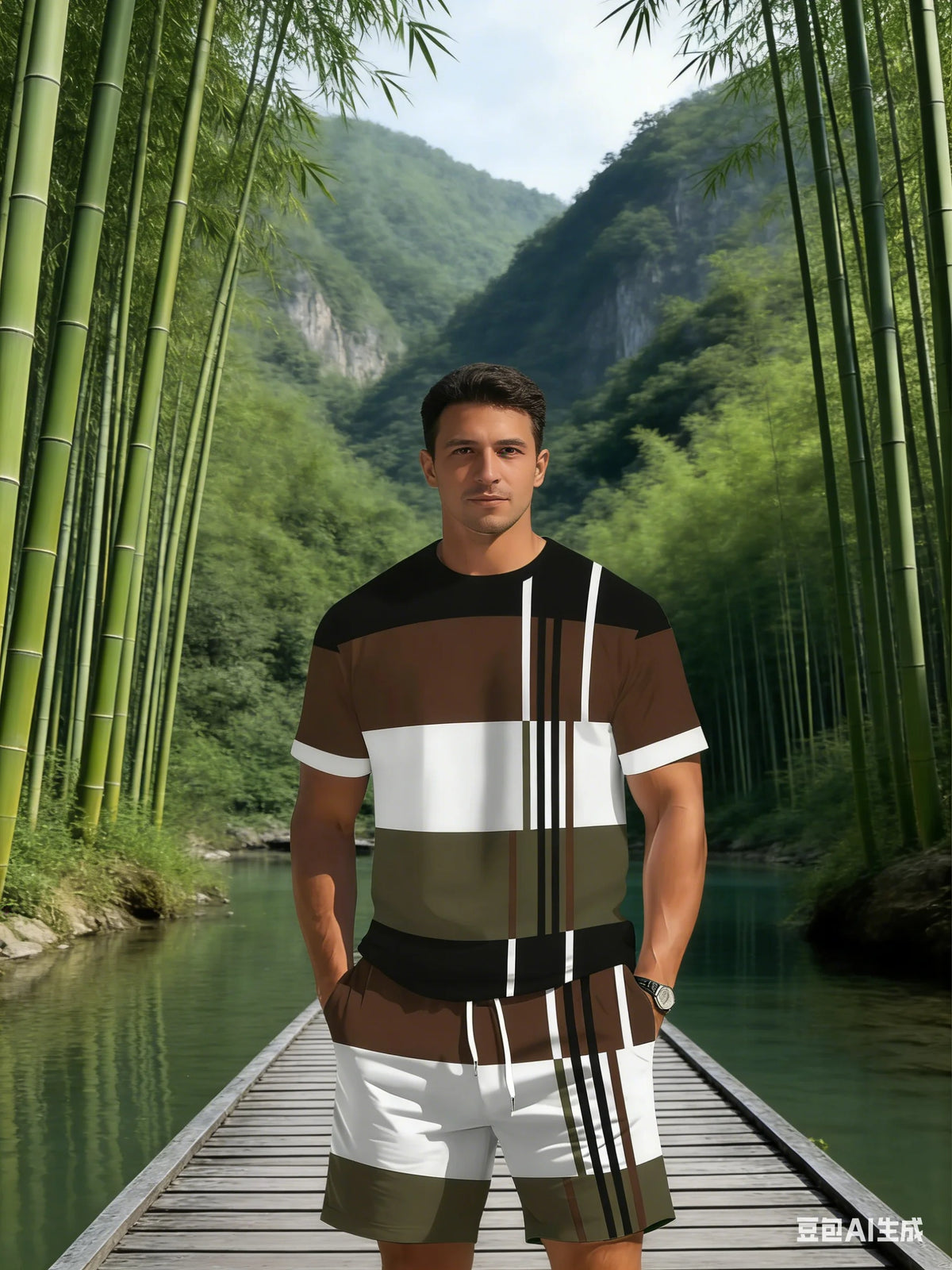 New Summer Men's Sportswear Striped Short-Sleeve T-Shirt Set Two-Piece Outdoor Travel Apparel Relaxed-Fit Shorts Training Wear