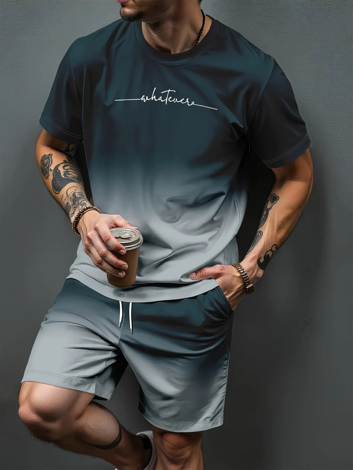 Gradient Letter Pattern 3D Print Tracksuits Men Women Casual Short Sleeve T-Shirt Shorts Sets 2pcs Sportswear Suits Man Clothing