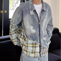 Korean Fashion Men's Streetwear Denim Patchwork Plaid Zipper Jacket 2026 Autumn New Japanese Harajuku Casual Loose Jackets Coats