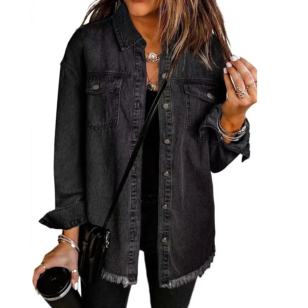 Washed Denim Jacket Women Autumn Tassel Lapel Jeans Jacket Female Casual Loose Long Sleeve Single Breasted Outerwear Shirts Coat
