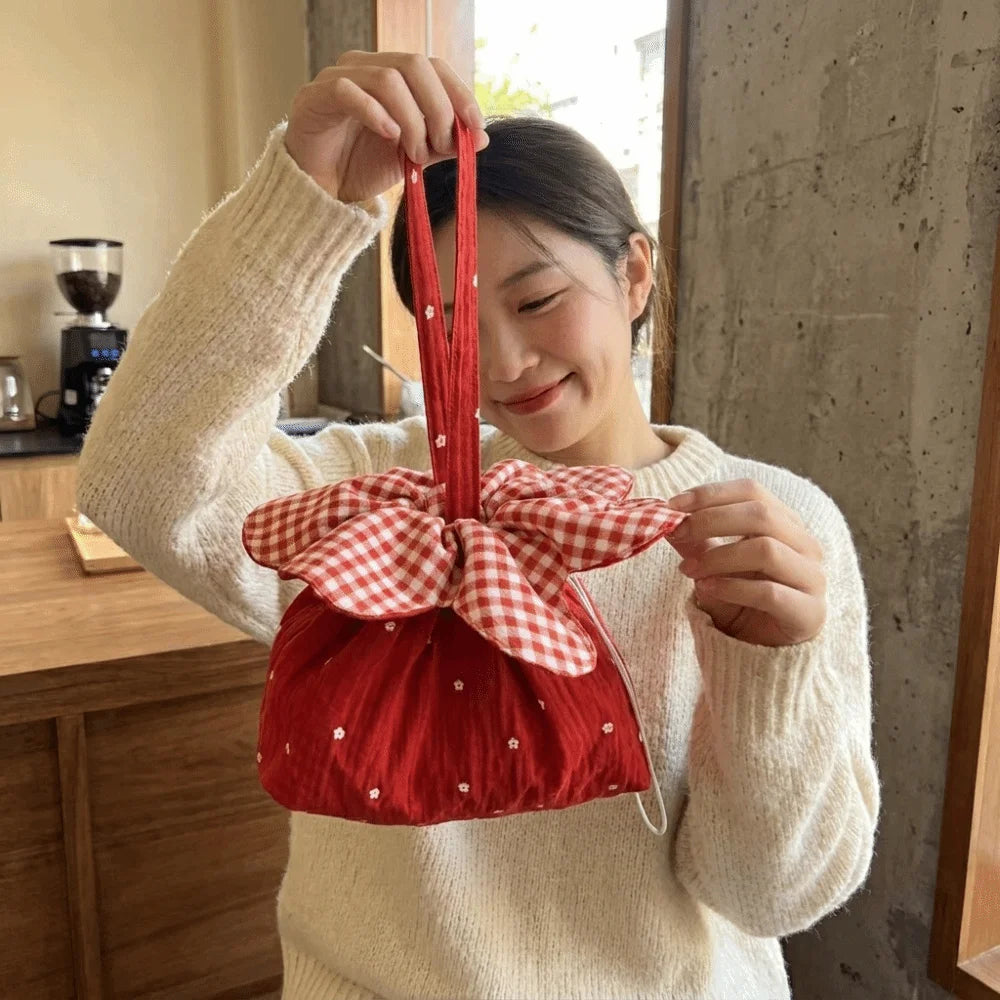 Sweet Flower Drawstring Handbag Cute Plaid Double-Sided Phone Pouch Large Capacity Flower Pattern Clutch Purse Commute Travel