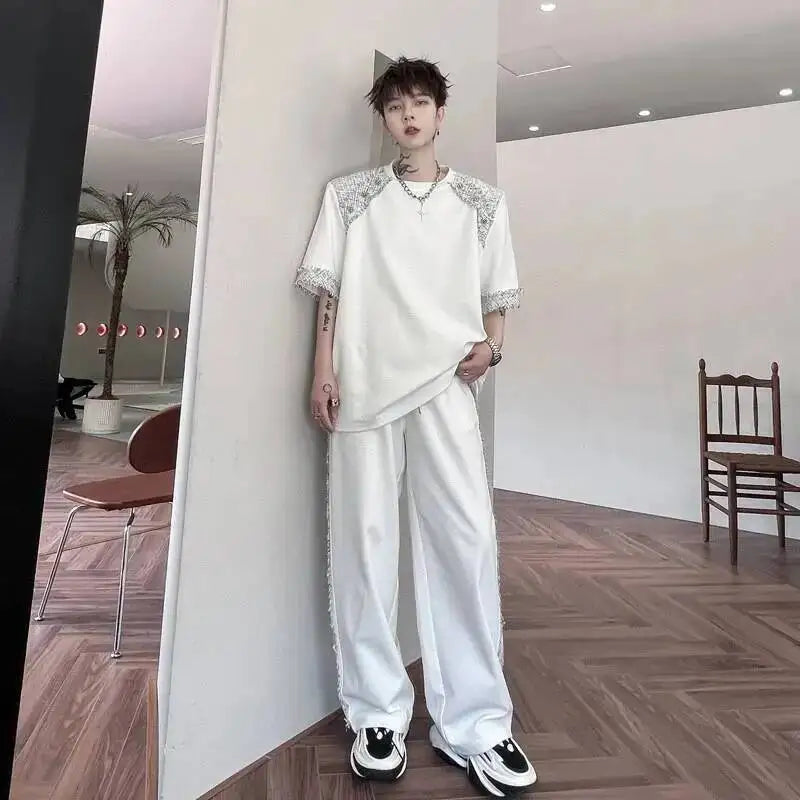 Summer Two Men's Pieces Set Tweed Patchwork Design Short Sleeve T-Shirt And Loose Wide Leg Long Pants Casual Sets OF7V