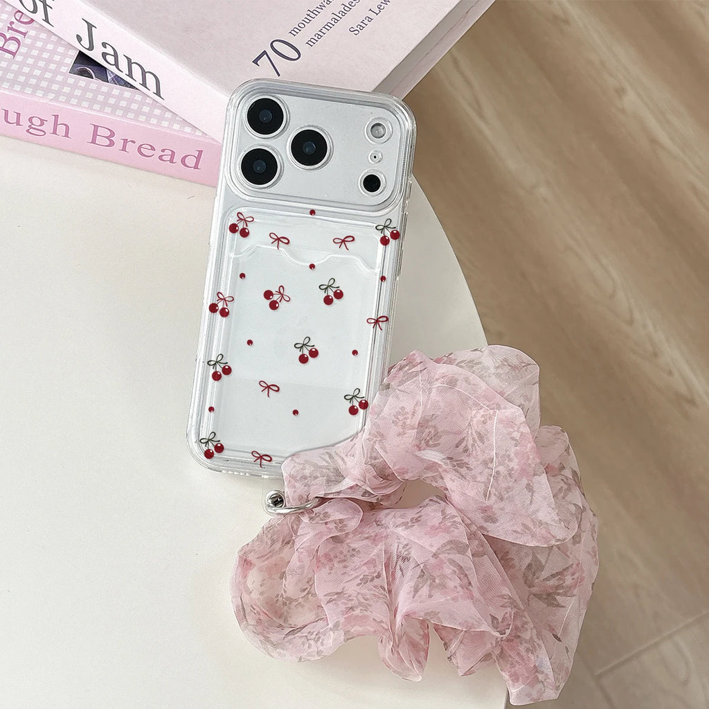 Cherry Bow Clear Card Holder Phone Case With Floral Scrunchie Strap For IPhone17 16 15 14 13 12 11 Pro Max