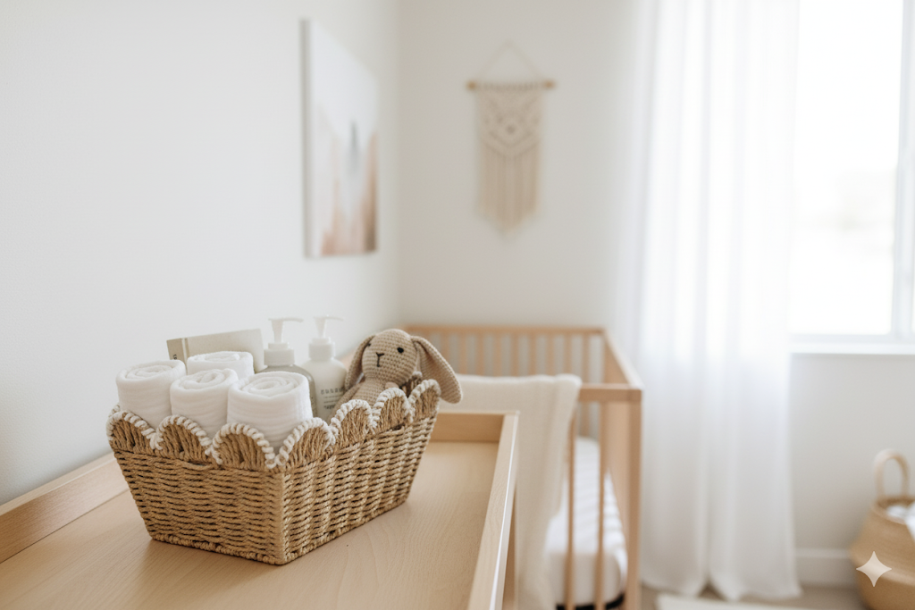 Woven Paper Rope Basket: Scalloped Edge, Boho Nursery Storage