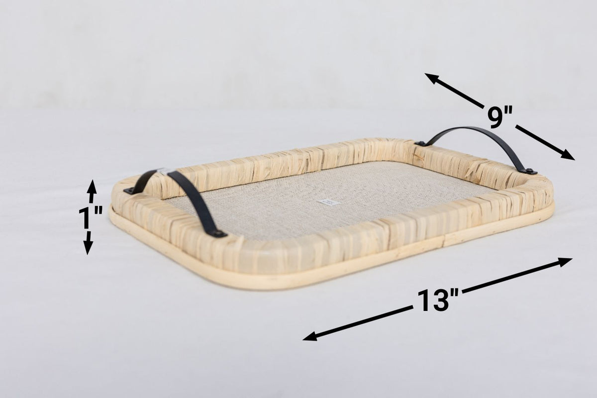 Raffia Wrapped Serving Tray with Metal Handles Boho Coffee Table Decor