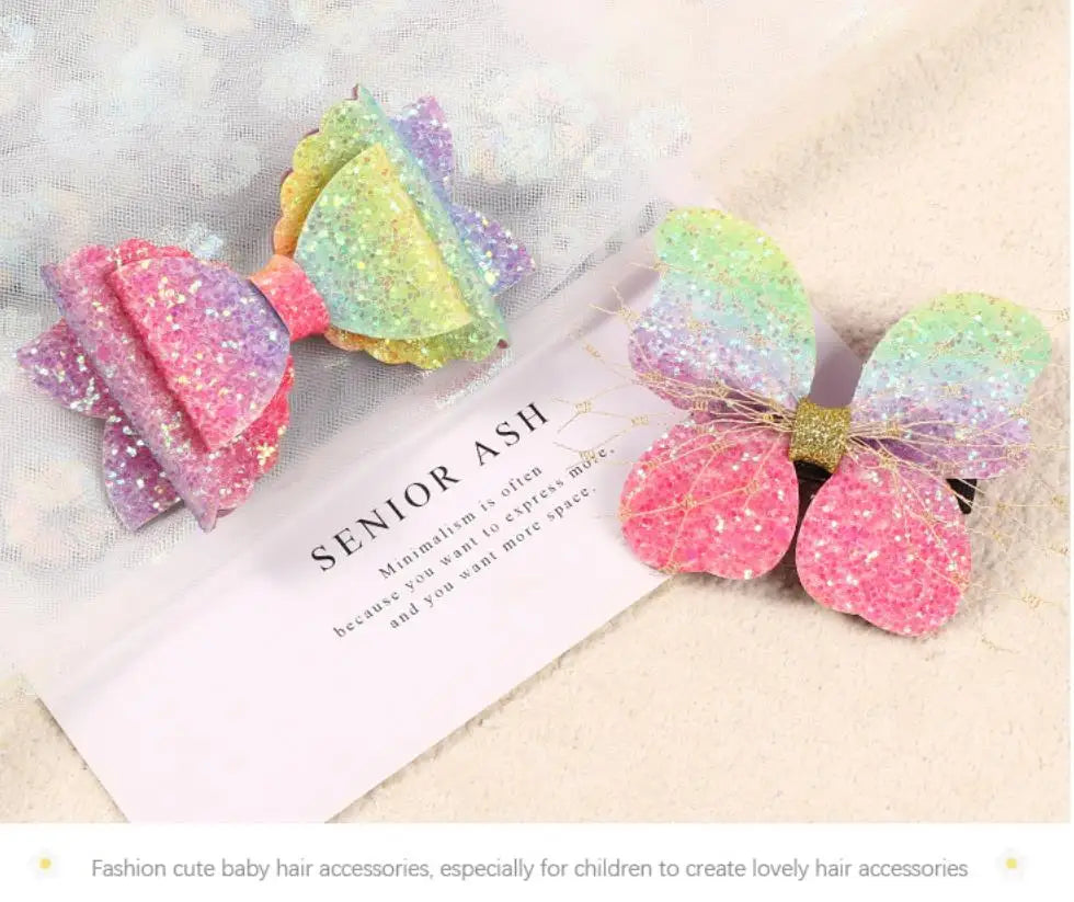 2pcs Girls Handmade Sequins butterfly Hair Clips Shiny Glitter Cute Hairpins Daily School Barrettes Headwear Accessoires J116