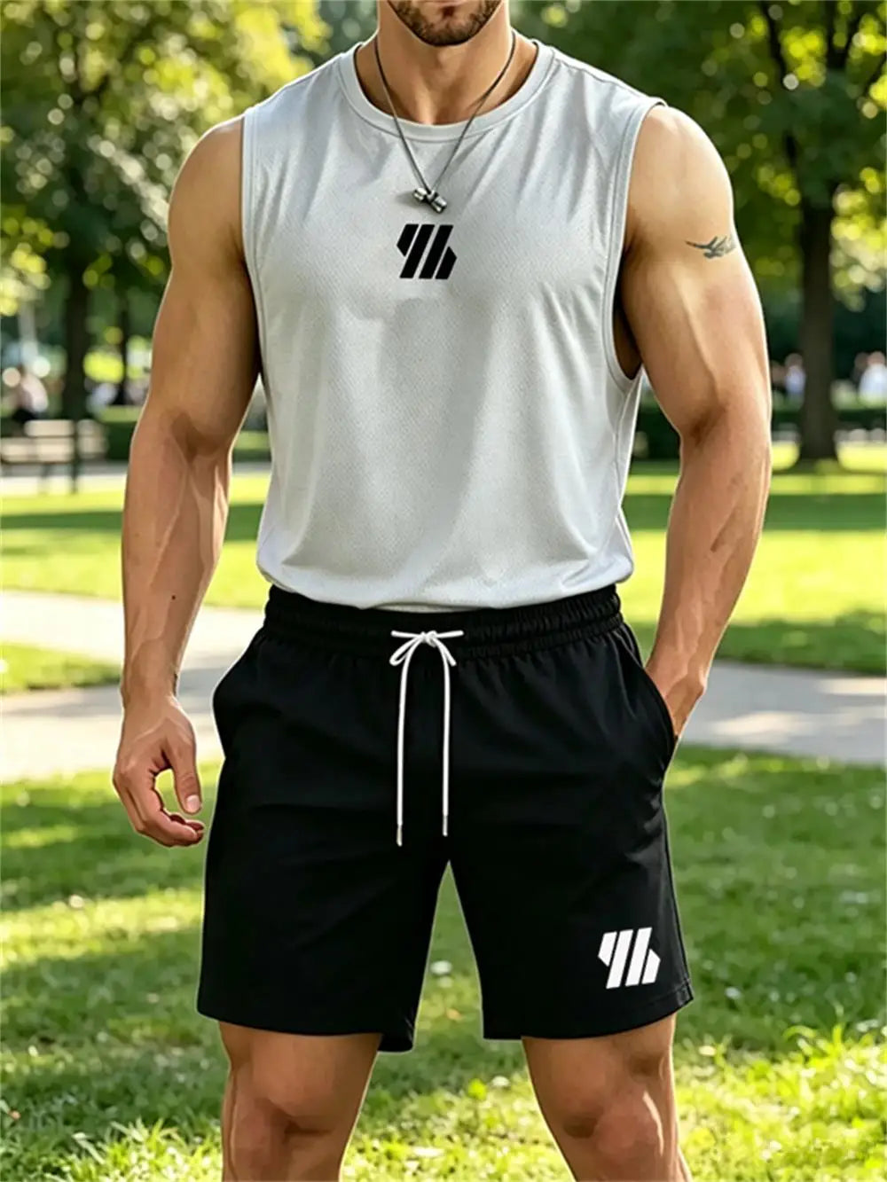 2026 new Men's Brand Vest Two-piece Fitness Running Sportswear Fashionable Printed Round Neck Vest/Breathable Shorts Sets