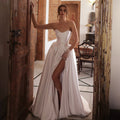 Customized Sleeveless Satin Wedding Gown Sweetheart Beaded A-Line Front Slit Backless Zipper/Corset Bridal Dress