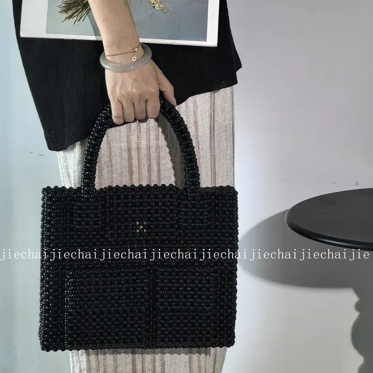 Flip Lock Handmade Сумка Женская Большая Ins Beaded Luxury Black Big Tote Handle Bags Black Multi-pocket Sac À Main Femme