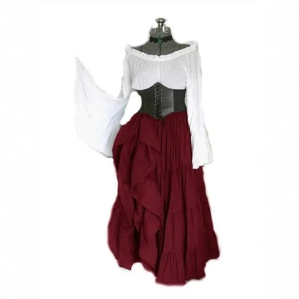 High Waist Long Sleeve Dress Court Style with Flared Sleeve Literary Retro Midi Length Streetwear Medieval Costume for Women