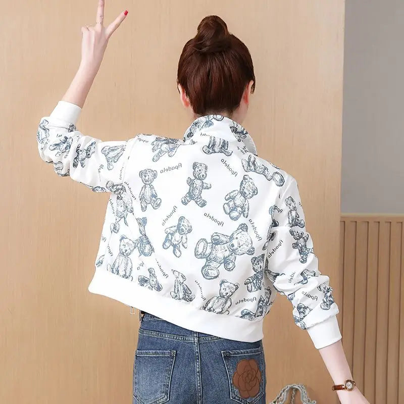 Women's 2025 Floral Print Short Jacket Spring Autumn Baseball Style Outerwear for Petite Sizes Trendy Casual Design