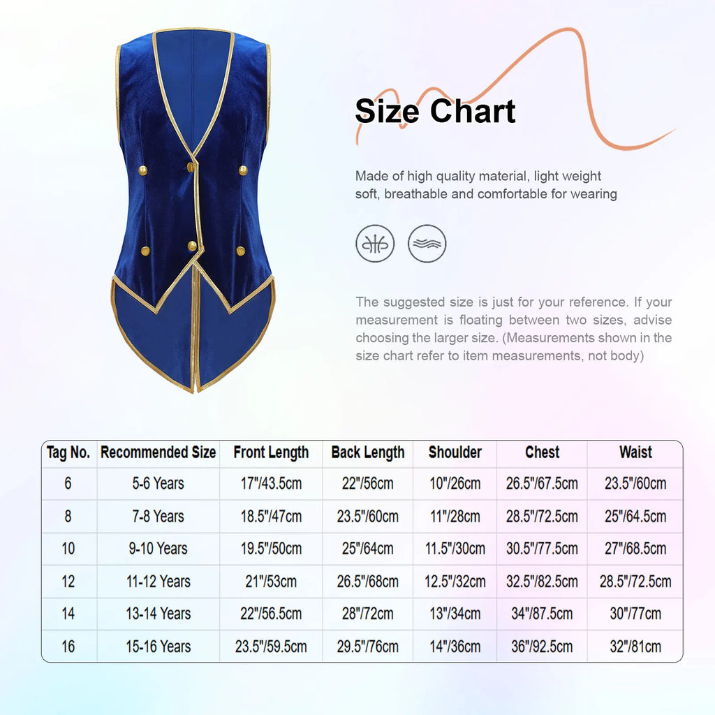 Kids Boys Medieval Velvet Vest Metallic Lapel Collar Sleeveless Victorian Waistcoat for Halloween Prince Dress Up Theme Party