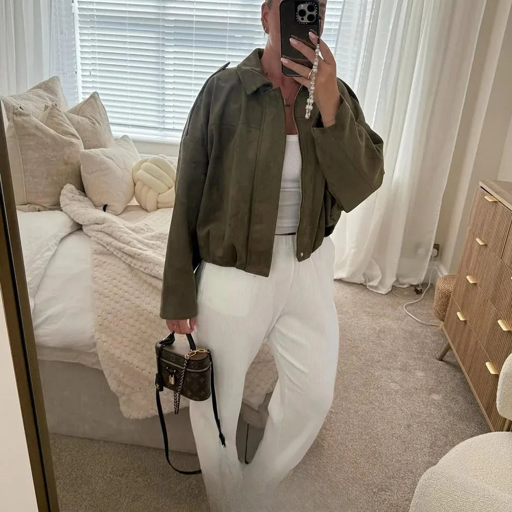 KONDALA 2025 Fall Winter Women's Bomber Jacket Lapel Long Sleeve Zipper Suede Jacket Women High Street Jackets Coats Outerwears