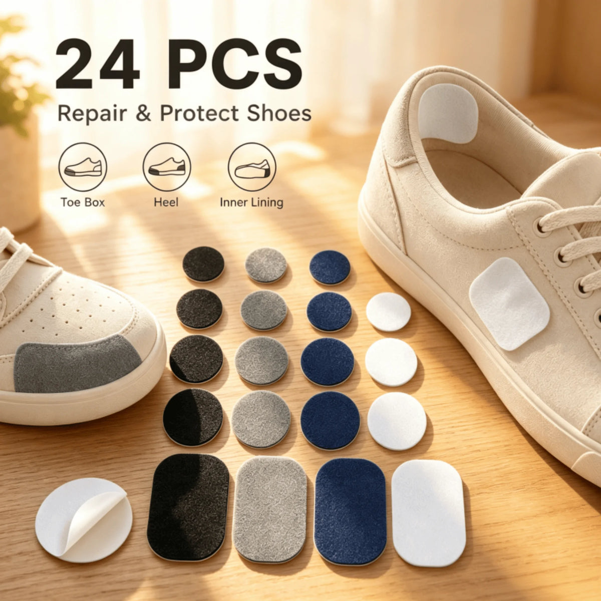 24Pcs Self Adhesive Shoe Repair Patches, 3 Sizes 4 Colors Fabric Shoe Hole Fix Patch for Sneaker Heel Liner Toe Box