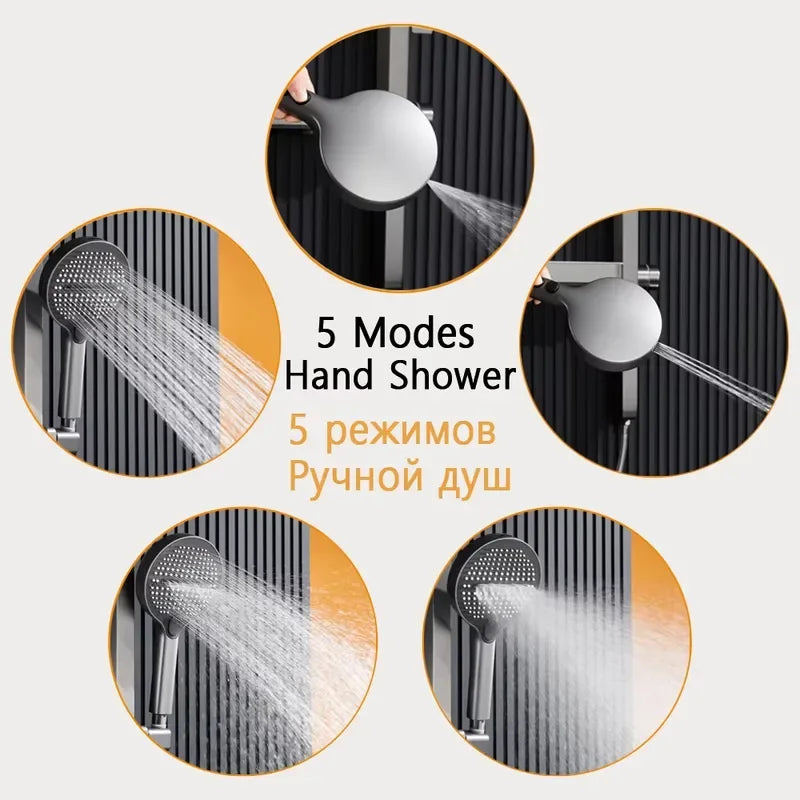Modern Smart LED Rainfall Shower Set Concrete Mixer Valve Digital Display Temperature Control Bathroom Fixture With Shelf