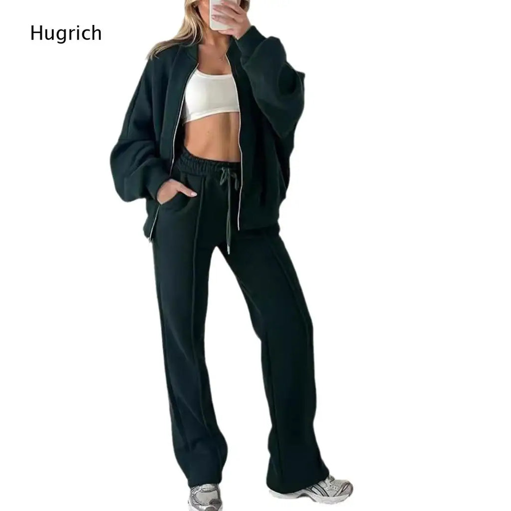 Women Zip Up Oversized Jacket Drawstring Wide Leg Pants Two Piece Tracksuit Casual Sweat Outfit
