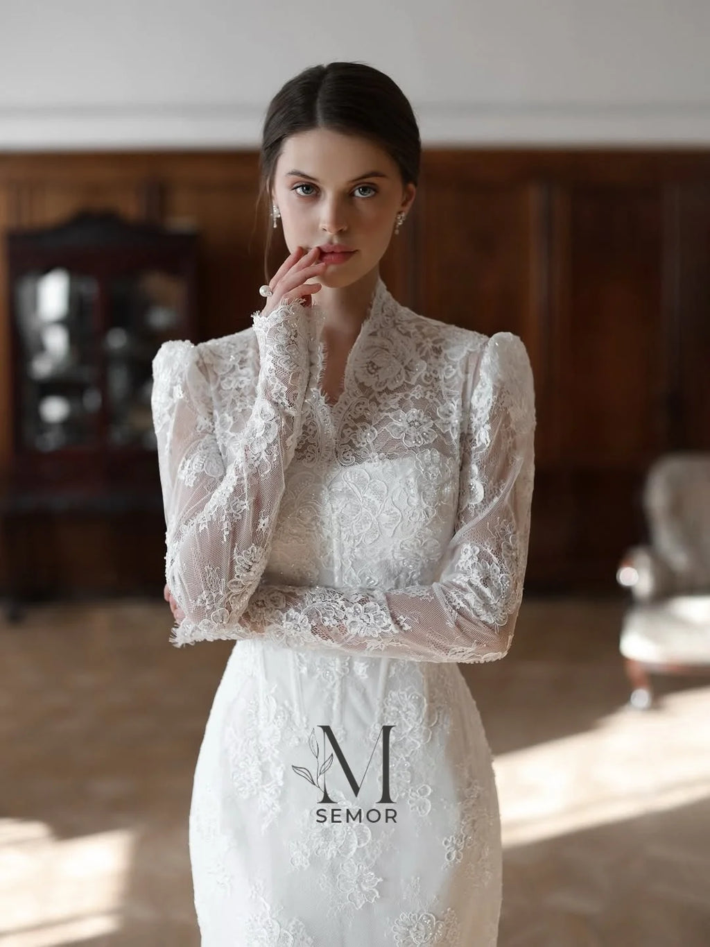 Semor Vintage Ivory Mermaid Lace Wedding Dresses Customized V-Neck Detachable Train Long Sleeves Buttons vestido de casamento