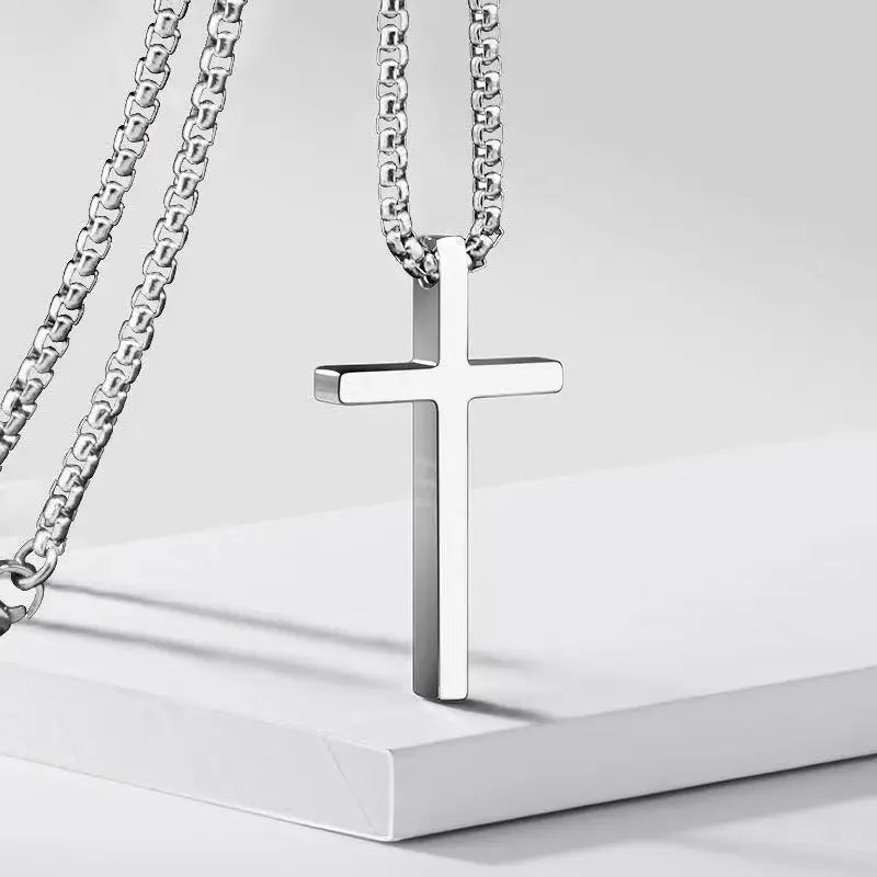Hip Hop Trend Cross Pendant Necklace for Men Simple Punk Silver Color Titanium Steel Chain Versatile Street Jewelry Accessories