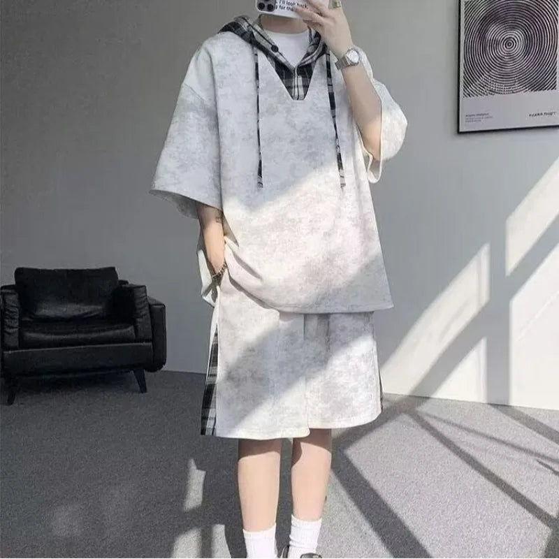M-8XL Plus Size Men's Clothing Short Sleeved Hooded T-shirt+shorts Pants Sports Set Harajuku, Japan Fashion Casual Two Piece Set