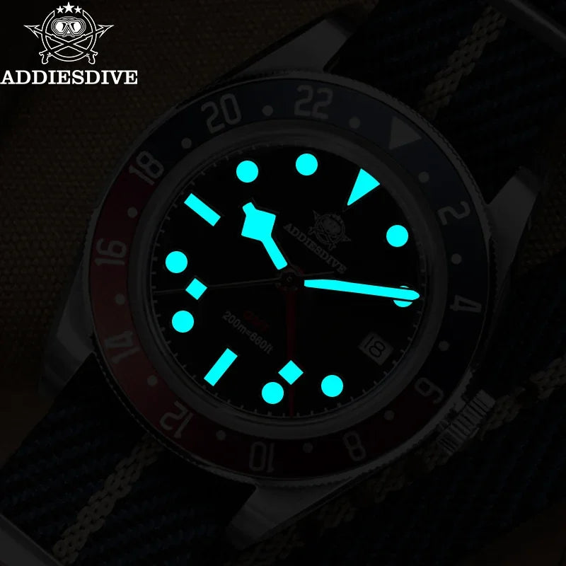 ADDIESDIVE TOP Men's Watches 20Bar Diving BGW9 Super Luminous AD2044 Swiss Ronda 515-24H GMT Watch Quartz Watch
