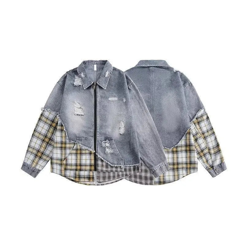 Korean Fashion Men's Streetwear Denim Patchwork Plaid Zipper Jacket 2026 Autumn New Japanese Harajuku Casual Loose Jackets Coats