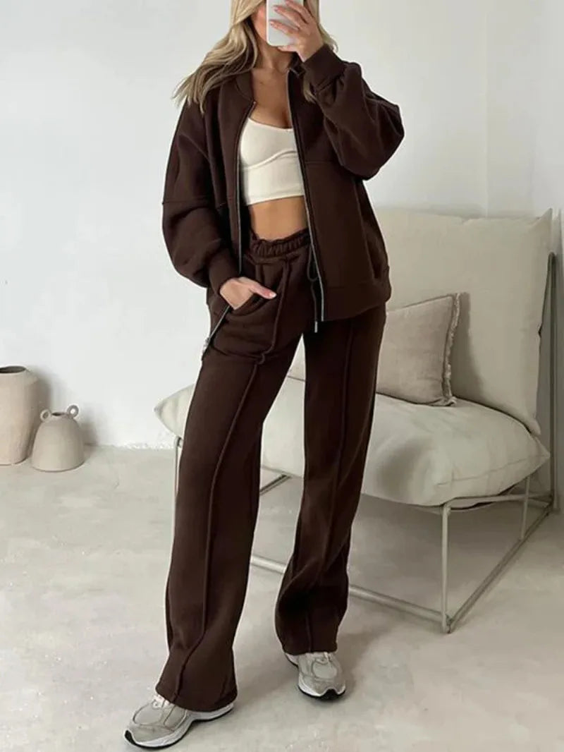 Women Zip Up Oversized Jacket Drawstring Wide Leg Pants Two Piece Tracksuit Casual Sweat Outfit