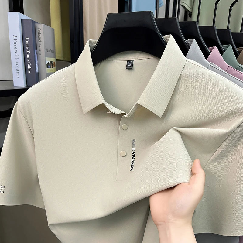 Luxury brand ice silk short sleeve polo shirt men's new fashion letter embossed summer breathable casual business lapel T-shirt